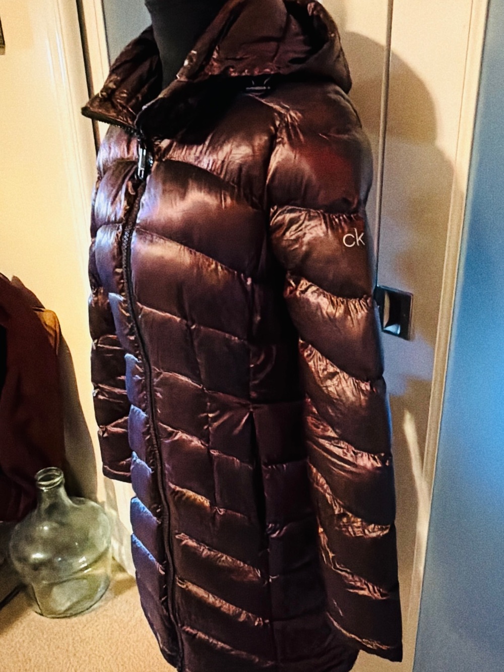 Calvin Klein Women's Quilted Hooded Puffer Coat in Shiny Dark Brown